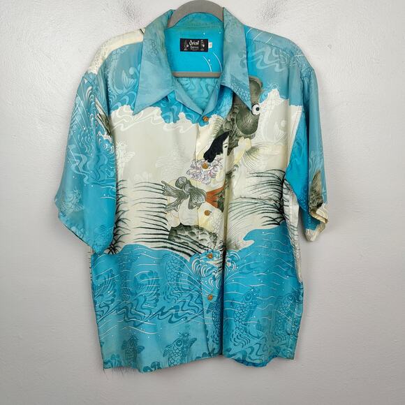 Vintage Orient Express Silk Hawaiian Shirt Mens XL Blue Koi‎ Japenese Print - Picture 1 of 11